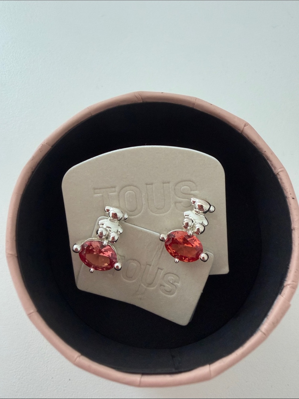 TOUS Silver Teddy Earrings with Orange-Red Oval Stones
